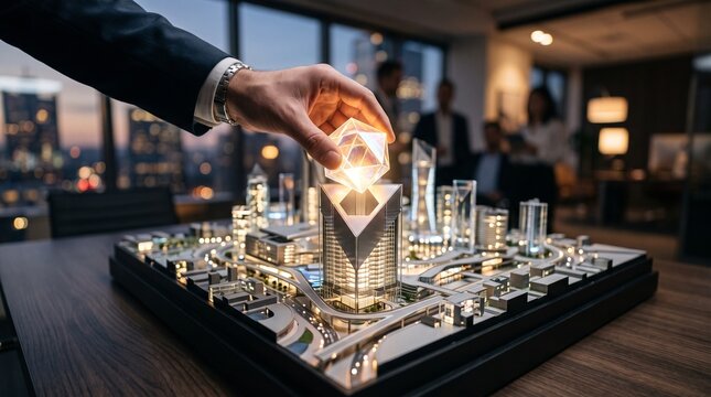 Symbolic business success: a hand placing a glowing, crystalline geometric piece into a complex architectural model, representing the final realization of a brilliant vision through innovation, soft b