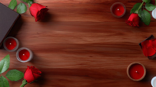Top View Festive Background for Saint Teresa of Avila Feast Day Celebration with Red Roses and Candles on Wooden Surface
