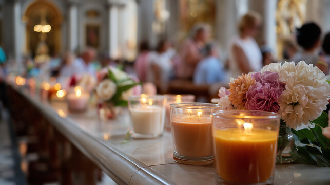 Atmospheric Candlelight Vigil Celebrating the Saint Teresa of Avila Feast Day Inside a Historic Cathedral with Floral Arrangements
