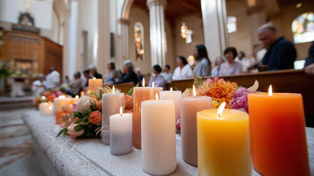 Warm glowing candles and floral arrangements during the Saint Teresa of Avila Feast Day church service