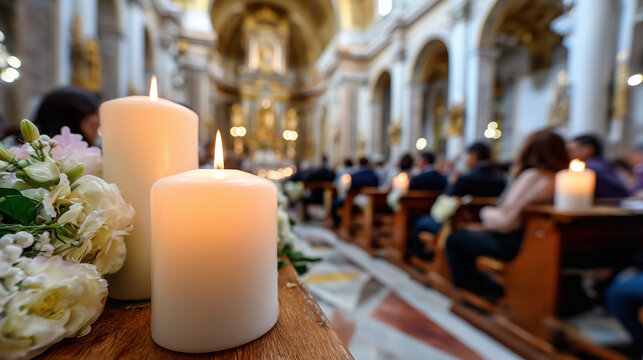 Candlelight Ceremony Celebrating Saint Teresa of Avila Feast Day in a Beautiful Historic Catholic Church Interior