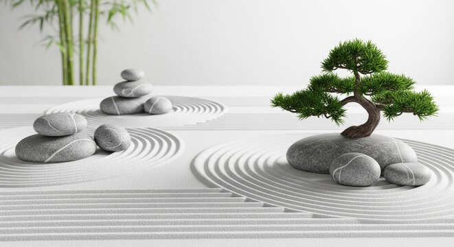 Minimalist zen garden with raked sand and stones. Tranquil Japanese rock landscape for meditation and relaxation design.