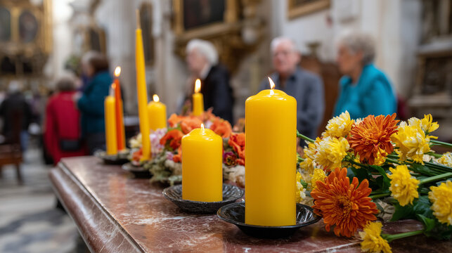 Devotional yellow candles and vibrant autumn flowers celebrating the Saint Teresa of Avila Feast Day in a quiet church interior