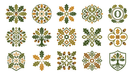 Set of decorative oak leaf and acorn floral ornaments and geometric emblems. © Pink