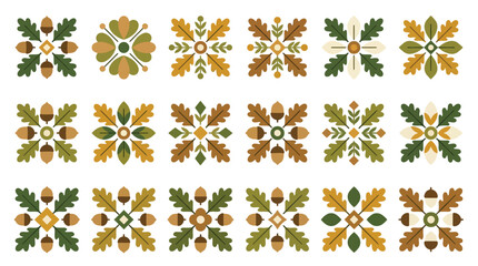 Set of decorative autumn floral and oak leaf geometric patterns and icons. © Pink