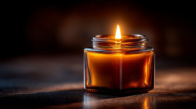 Single glowing candle in glass jar on tabletop with atmosphere, relaxation