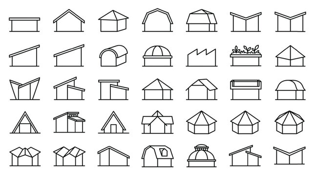 Roof types line art icon set house architecture vector design isolated on transparent background