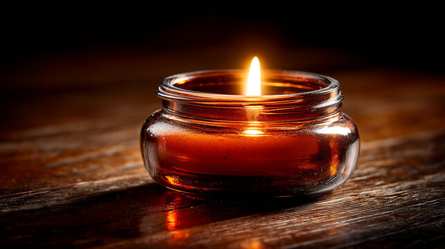 Single burning candle in glass jar on dark wooden surface with atmosphere