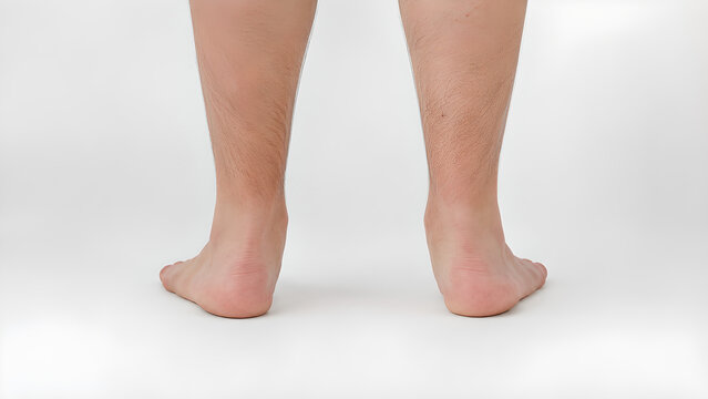 Flat feet with pronated foot alignment in adult barefoot standing pose, photorealistic medical education image of collapsed arches for podiatry, orthopedics, healthcare and patient communication