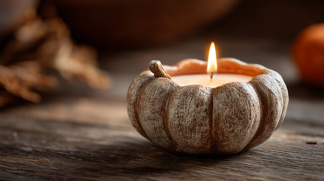 Small rustic pumpkin shaped candle burning on a wooden table for fall season decor