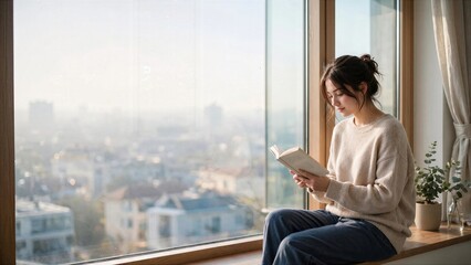 Fototapeta premium Woman Reading by Large City Window