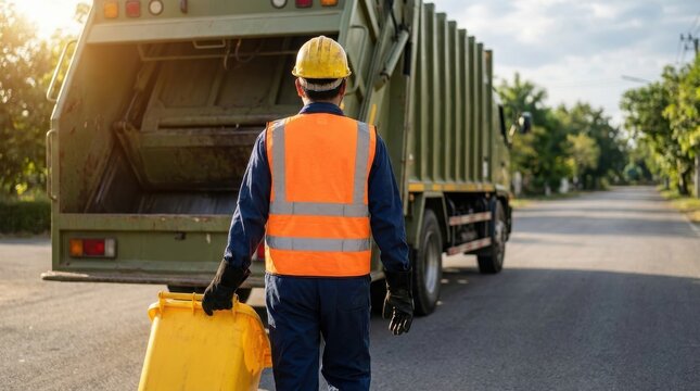Waste management worker carrying a yellow bin towards a garbage truck on a suburban road