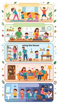 Family daily routine and healthy habits infographic with exercises, cooking, and chores