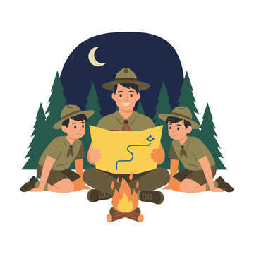 Scout leader and children looking at a map by a campfire in a pine forest at night flat design adventure concept