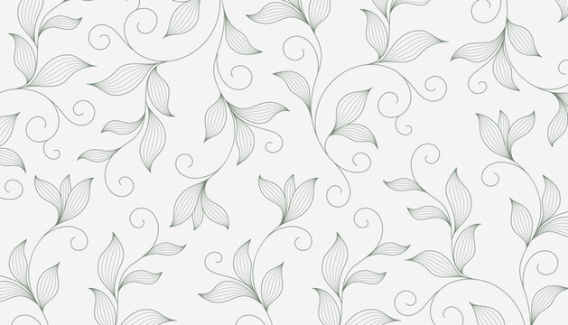 Minimal Green Botanical Leaf Line Art Seamless Floral Pattern on White Background