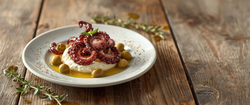 Grilled Octopus on Creamy Hummus Garnished with Olives and Herbs on Rustic Wooden Table