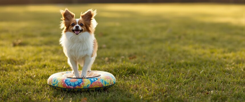 Happy Dog Standing on a Colorful Float Ring in a Green Field