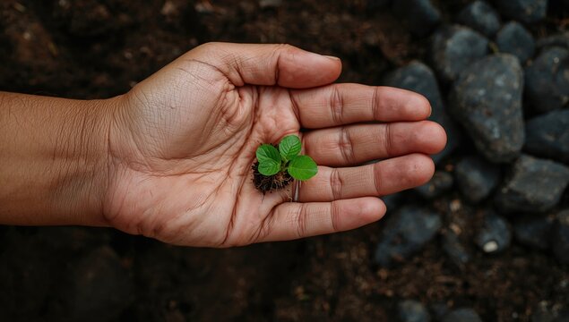Hand Holding a Small Green Plant with Soil Against Dark Earth Background