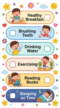 Kids Daily Routine Chart and Healthy Habits Checklist Vector Illustration