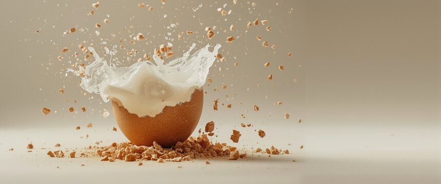 Brown Eggshell Cracking with Splashing Milk and Crushed Nuts on Beige Background