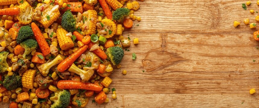 Mixed colorful vegetables on a wooden surface