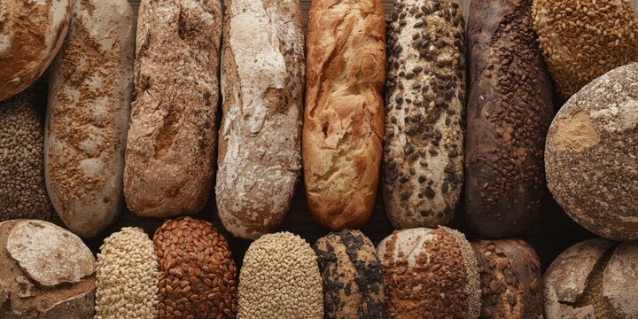 Artisan Bread Loaves Arrangement - Rustic Wooden Background, High Detail, Natural Colors
