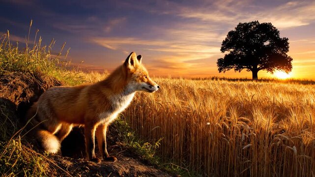 Red fox peeking from burrow in golden wheat field at sunset