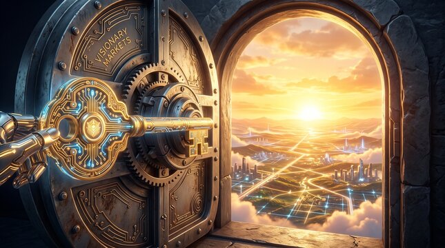 A golden key intricately designed with circuit patterns unlocking a heavy metallic door that opens into a vast, sun-drenched infinite horizon, representing the opening of new visionary markets, 3D ren