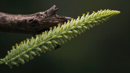 Fototapeta premium Green Plant Leaf Growing on a Dry Branch with Soft Focus Background