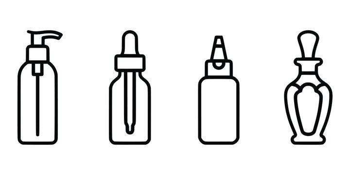 Set of outline cosmetic bottles for beauty products including pump dropper and spray dispensers.