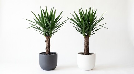Fototapeta premium Two vibrant green yucca plants in ceramic pots displayed side by side on white background
