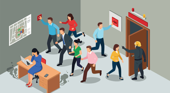 Isometric view vector illustration design showing people evacuating an office during a fire emergency with firefighter guidance.