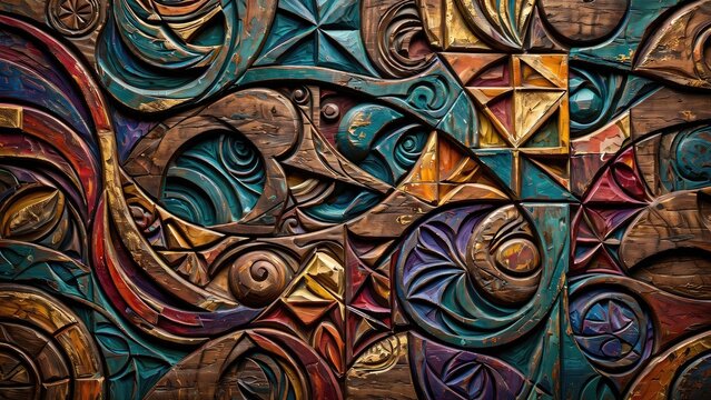 Intricate colorful wooden carved bas relief panel with abstract geometric and organic patterns.