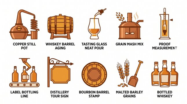Craft Distillery Spirits Flat Icon Set for Whiskey Brand Design