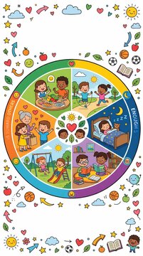 Colorful routine chart for a healthy school day featuring children eating playing and sleeping