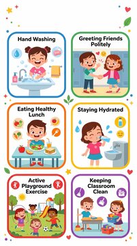 Educational Infographic Set Showing Essential Daily Hygiene and Healthy Habits for Young Children