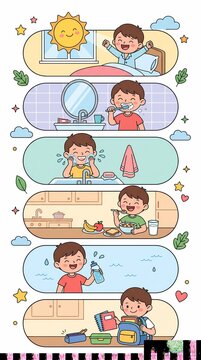 Child's healthy daily morning routine steps waking, hygiene, nutritious breakfast, and school preparation