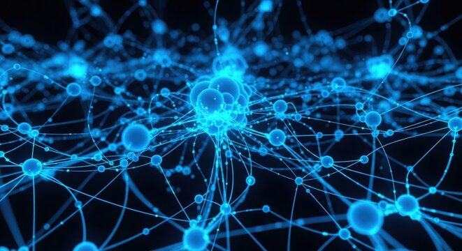 Neural network technology with glowing nodes and connections. Futuristic AI brain data flow and digital synapse visualization for innovation.