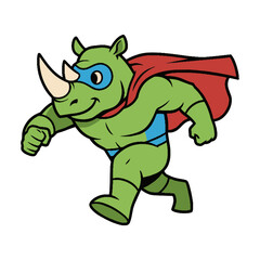 Fototapeta premium Friendly cartoon rhinoceros superhero in a dynamic running pose wearing a cape and mask isolated on white background minimalist character design concept