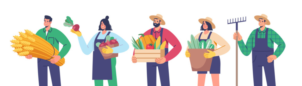 Set of vector images of farmers holding harvest of different crops and tools.