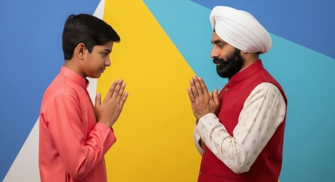 Indian man and boy greeting each other with folded hands against a colorful geometric background