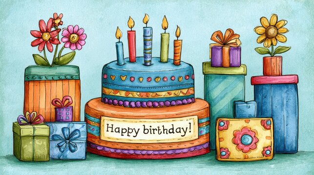 Whimsical birthday background, fun and quirky cake with candles, whimsical gift boxes, and a playful birthday card, [birthday, candles, cake, gift boxes], [playful celebration] 