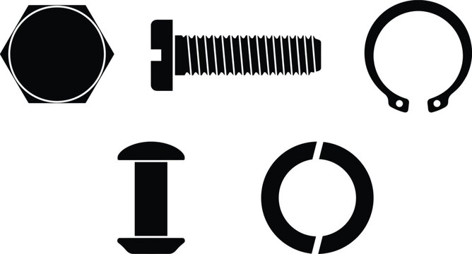 Set of black silhouette hardware fasteners, bolts, nuts, screws, and washers vector icons