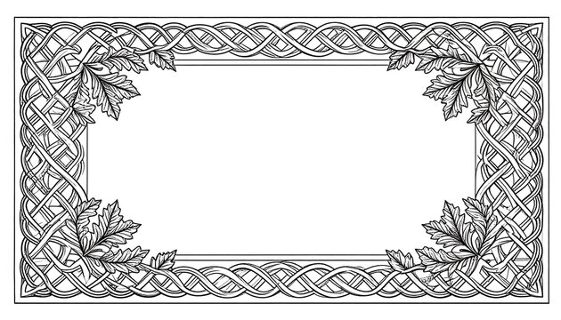 Ornate rectangular frame with intricate Celtic knotwork and decorative oak leaves in a black and white line art style.