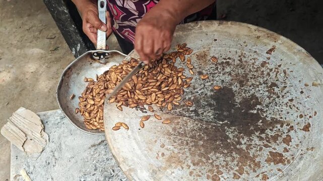 Woman removing toasted pumpkin seeds from hot clay comal