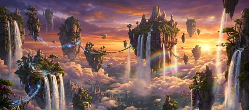 Floating islands with cascading waterfalls above sunset clouds fantasy landscape