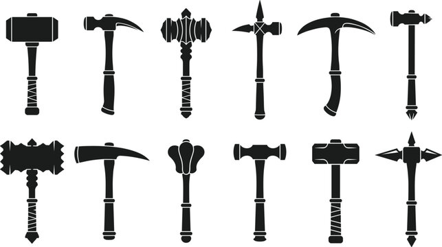 Medieval fantasy weapons collection featuring hammer, mace, war pick, and battle axe silhouettes for roleplaying games and historical combat design projects