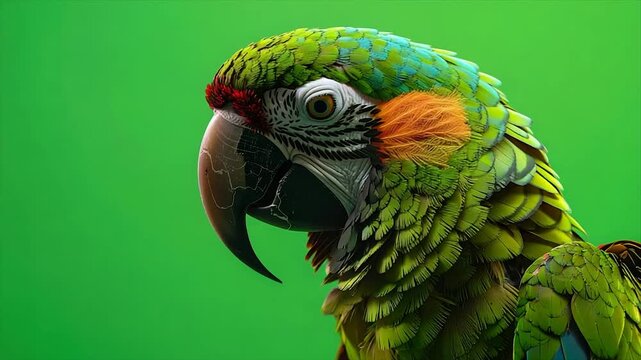 A vibrant, detailed portrait showcases a parrot with emerald feathers and colorful accents