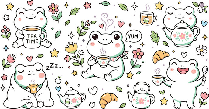 Cute frog tea time cartoon character sticker sheet with happy toad emojis croissants teapots and flowers for kids education graphic design elements