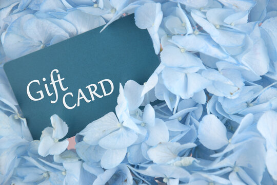 Blue Gift Card with flowers on a light background